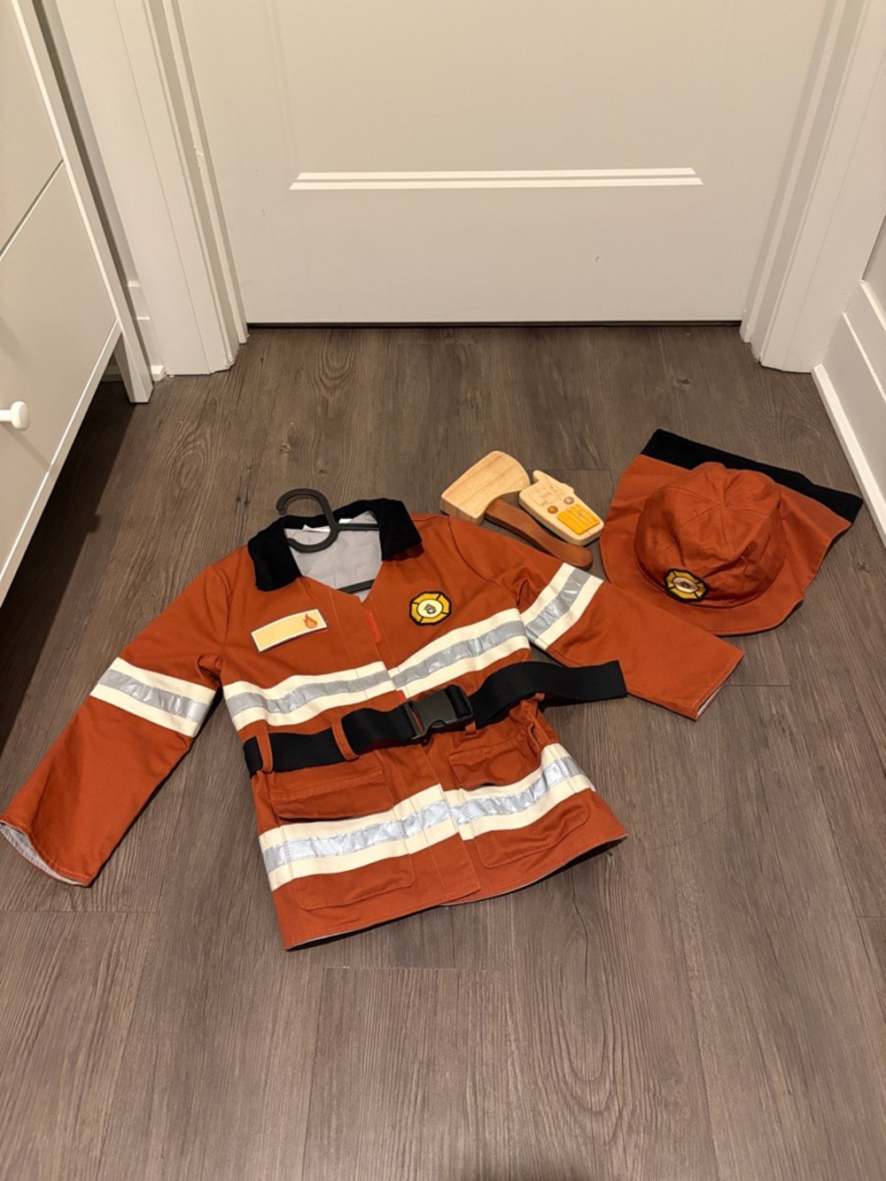 Coco Village Kids Firefighter Costume Jacket and Hat Set w/ wooden tools